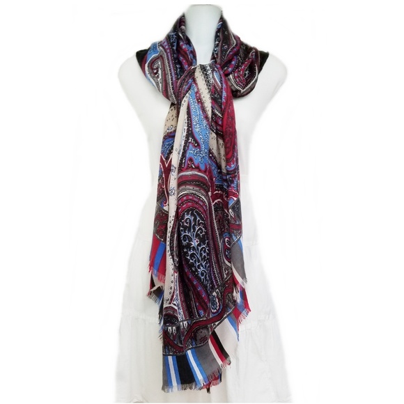 Accessories - NEW - Scarf Shawl Paisley Blue, Cranberry Tan & Black